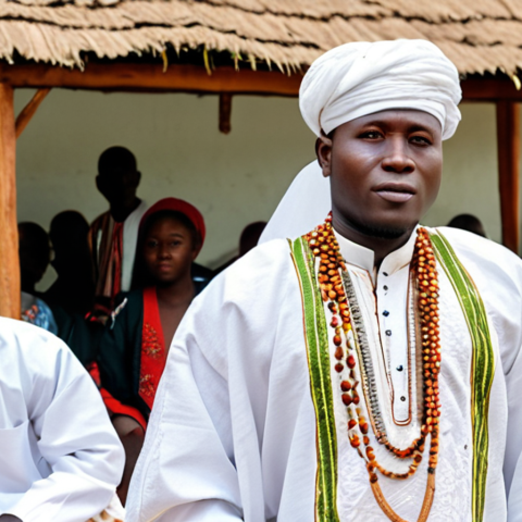 **A Comorian man dressed in a white Kanzu and embroidered Kofia, attending a traditional wedding ceremony.** (Focus: Male elegance, cultural event, Kanzu, Kofia)