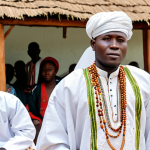 **A Comorian man dressed in a white Kanzu and embroidered Kofia, attending a traditional wedding ceremony.** (Focus: Male elegance, cultural event, Kanzu, Kofia)