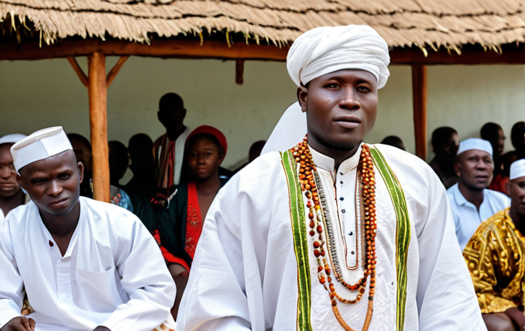 **A Comorian man dressed in a white Kanzu and embroidered Kofia, attending a traditional wedding ceremony.** (Focus: Male elegance, cultural event, Kanzu, Kofia)