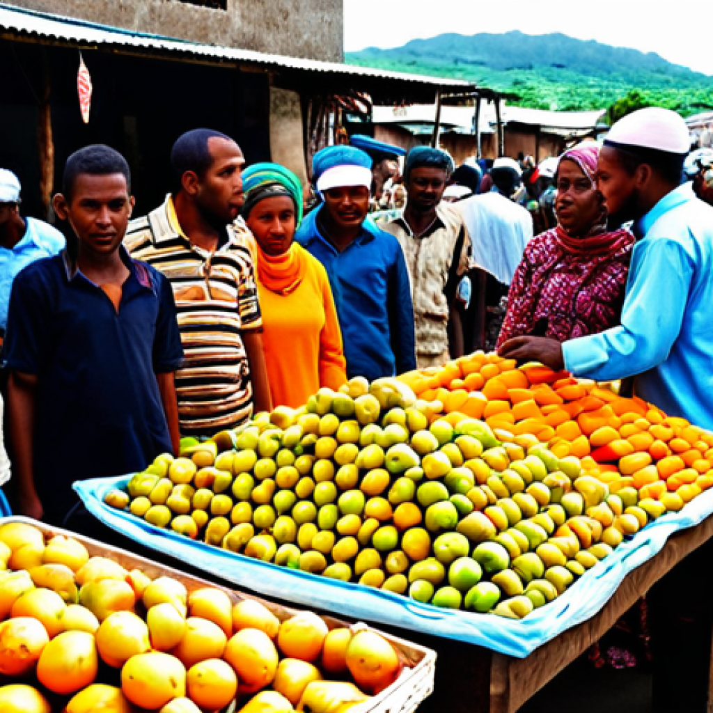 A vibrant outdoor market scene in Moroni, Comoros, bustling with diverse local people. Women are depicted wearing colorful, modest pagnes and headscarves, while men wear appropriate, casual attire. Market stalls overflow with an abundance of vivid tropical fruits like mangoes and lychees, aromatic spices, and draped, richly patterned traditional fabrics. The atmosphere is lively and authentic, filled with natural light. fully clothed, appropriate attire, modest clothing, family-friendly, perfect anatomy, correct proportions, natural pose, well-formed hands, proper finger count, natural body proportions, professional photography, high quality, safe for work, appropriate content.