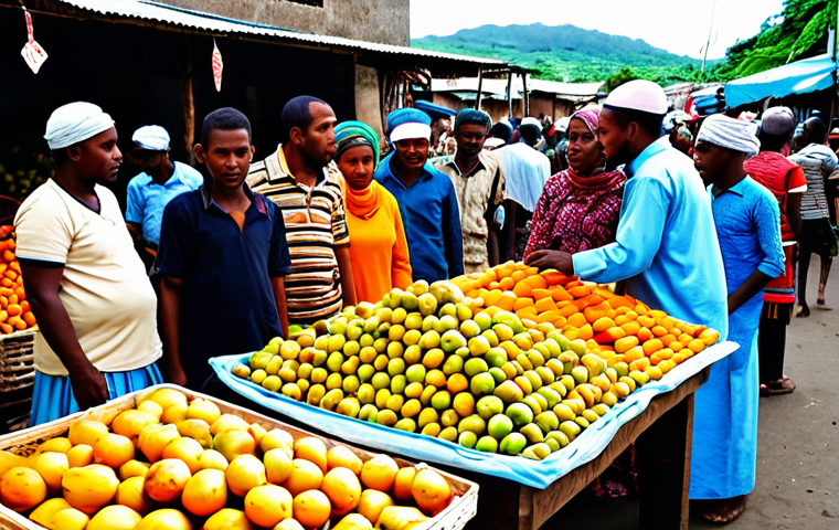 A vibrant outdoor market scene in Moroni, Comoros, bustling with diverse local people. Women are depicted wearing colorful, modest pagnes and headscarves, while men wear appropriate, casual attire. Market stalls overflow with an abundance of vivid tropical fruits like mangoes and lychees, aromatic spices, and draped, richly patterned traditional fabrics. The atmosphere is lively and authentic, filled with natural light. fully clothed, appropriate attire, modest clothing, family-friendly, perfect anatomy, correct proportions, natural pose, well-formed hands, proper finger count, natural body proportions, professional photography, high quality, safe for work, appropriate content.