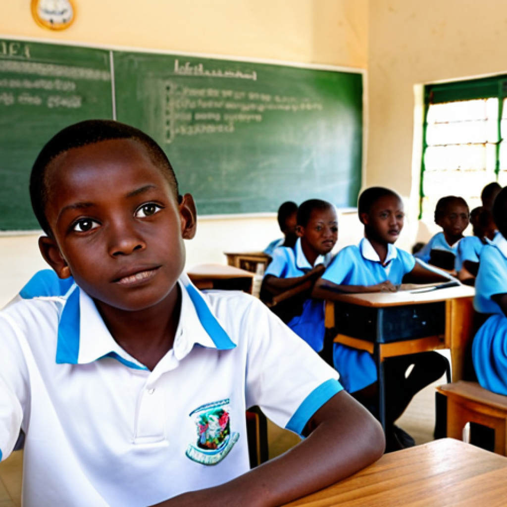 A diverse group of young Comorian students, boys and girls, aged approximately 10-14, engaged in learning within a bright, modern classroom. They are seated at simple wooden desks, looking attentively towards a whiteboard or an interactive screen, with a teacher (back partially visible) facilitating. The students are fully clothed in modest, school-appropriate attire. The room is clean and well-organized, with natural light streaming in, emphasizing an atmosphere of focused curiosity and hope for the future. Emphasize perfect anatomy, correct proportions, natural poses, well-formed hands, and proper finger count. This is a scene of human capital development, safe for work, appropriate content, and family-friendly, rendered in a professional photography style with high quality and sharp focus.