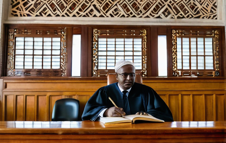 코모로 법률 시스템과 판례 - **Prompt:** A dignified Comorian judge presides over a courtroom, where elements of French, Islamic,...