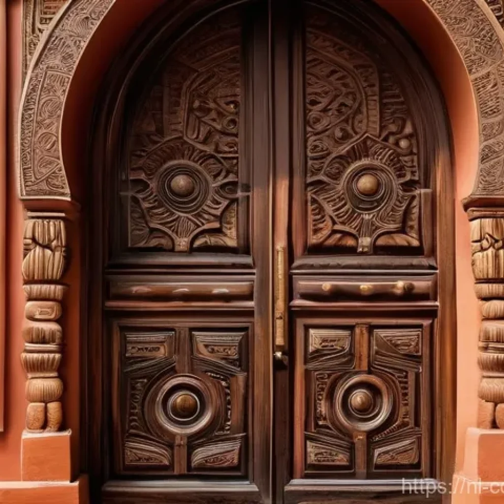 코모로 예술 작품과 공예품 - **A Comorian Wooden Doorway with Intricate Carvings:**
A highly detailed, wide-angle shot of a g...