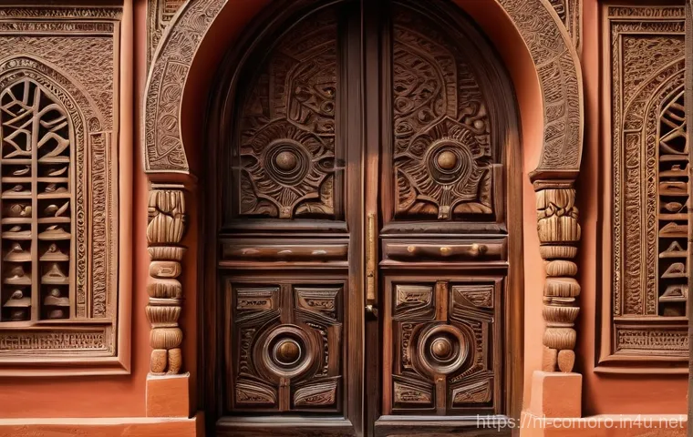 코모로 예술 작품과 공예품 - **A Comorian Wooden Doorway with Intricate Carvings:**
    A highly detailed, wide-angle shot of a g...