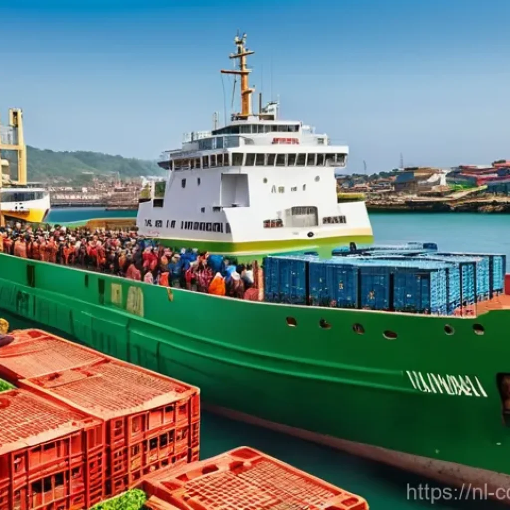 코모로 인프라 발전 현황 - **Prompt:** A vibrant, bustling Comorian port on a sunny day. A new, modern inter-island ferry or la...