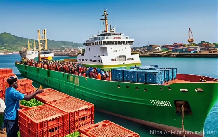 코모로 인프라 발전 현황 - **Prompt:** A vibrant, bustling Comorian port on a sunny day. A new, modern inter-island ferry or la...