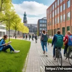 코모로 해외 유학생 비율 - A vibrant university campus in the Netherlands during daytime, showcasing modern architecture with g...