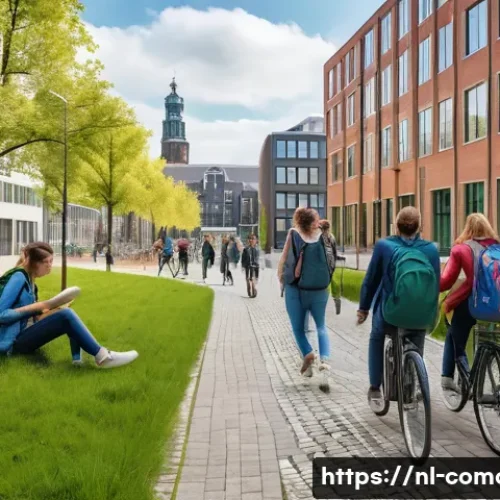 코모로 해외 유학생 비율 - A vibrant university campus in the Netherlands during daytime, showcasing modern architecture with g...