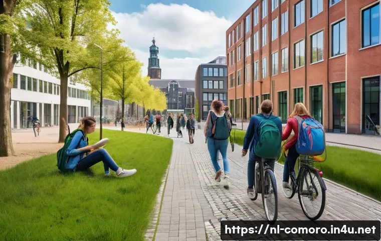 코모로 해외 유학생 비율 - A vibrant university campus in the Netherlands during daytime, showcasing modern architecture with g...