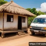 코모로 공공 서비스 질 평가 - A vibrant scene of a mobile healthcare clinic in a rural Comoros village, showing a small white van ...