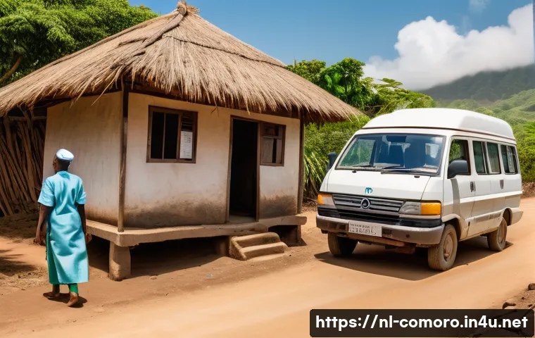 코모로 공공 서비스 질 평가 - A vibrant scene of a mobile healthcare clinic in a rural Comoros village, showing a small white van ...