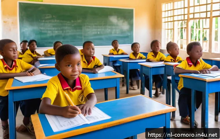 코모로 주요 교육기관 - A modern Comorian primary school classroom in Domoni, featuring bright natural light streaming throu...