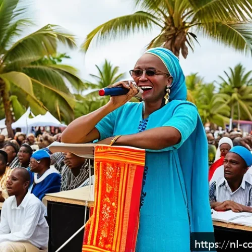 코모로 출신 작가와 작품 - A vibrant literary festival scene on the Comoros Islands, showcasing diverse Comorese authors on sta...