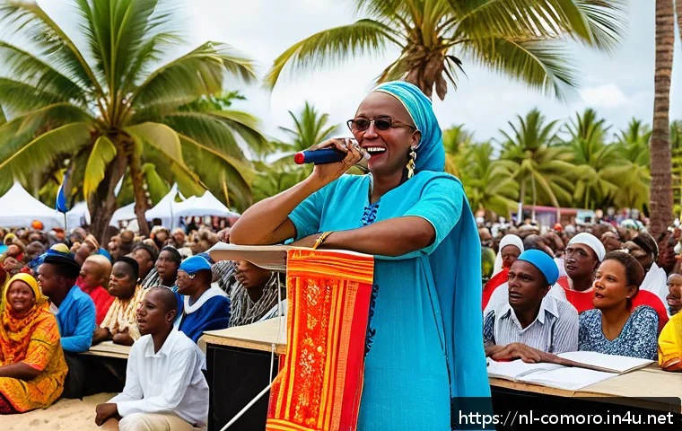 코모로 출신 작가와 작품 - A vibrant literary festival scene on the Comoros Islands, showcasing diverse Comorese authors on sta...