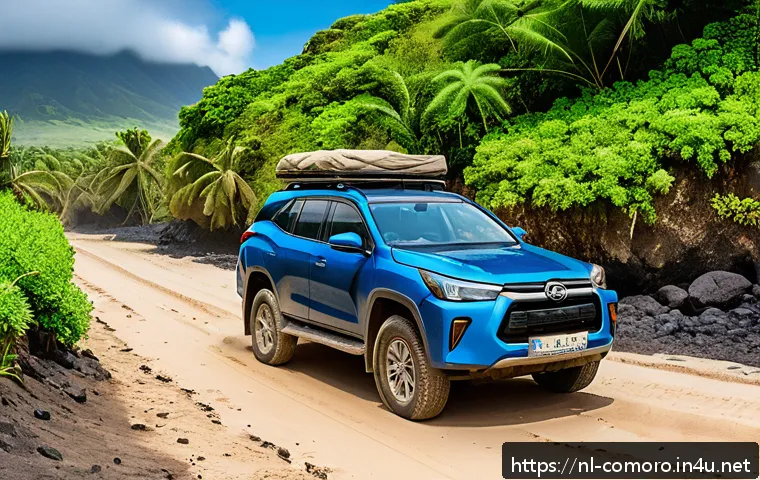 코모로 렌터카 대여 방법 - A rugged 4x4 SUV parked on a dusty, uneven dirt road in the Comoros islands, surrounded by lush trop...